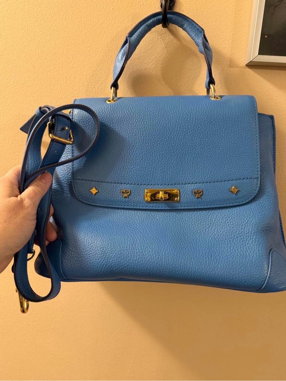MCM Blue Leather Top-Handle Satchel Bag with crossbody strap